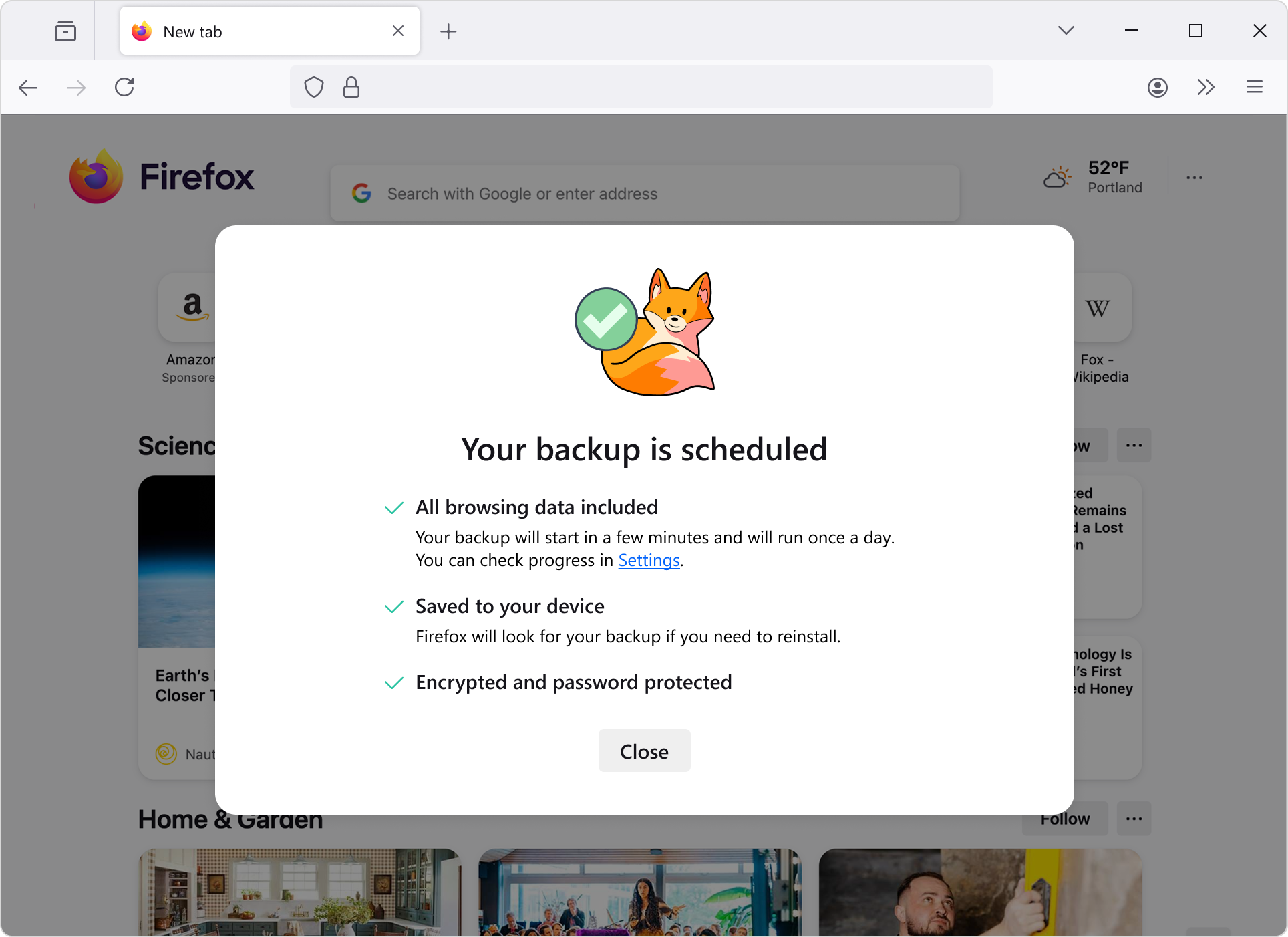 螢幕截圖：Firefox Windows 備份功能介面