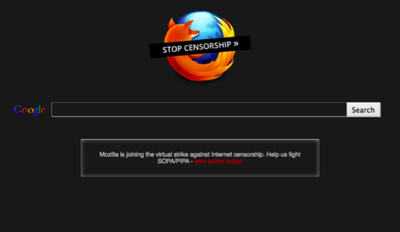 在 2012 年 1 月 18 日，Firefox 塗黑了預設開始頁面以表抗議。