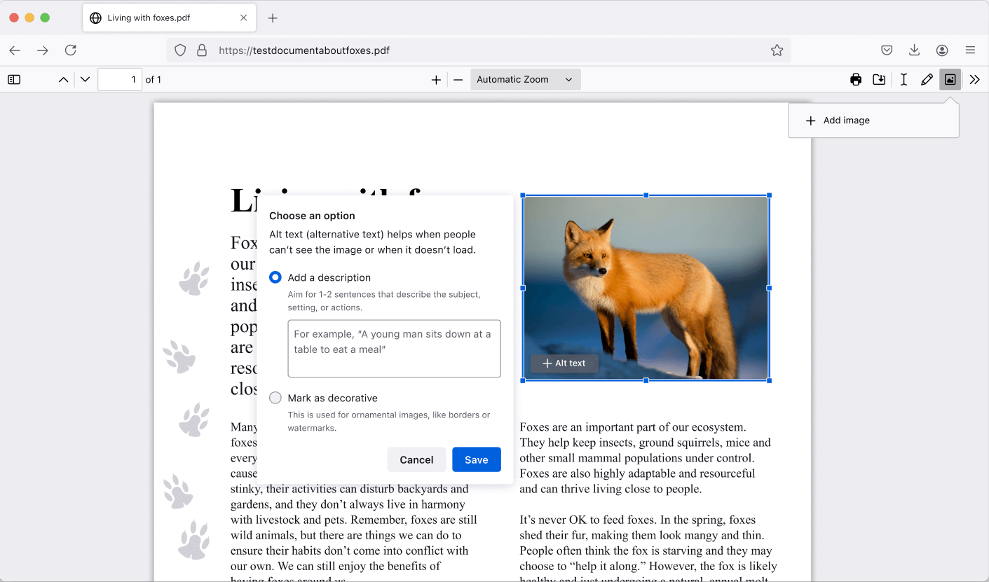 螢幕截圖：一個紅色狐狸的圖片被加入 PDF 中。替代文字工具在照片的左方開啟並得以加入圖片說明文字