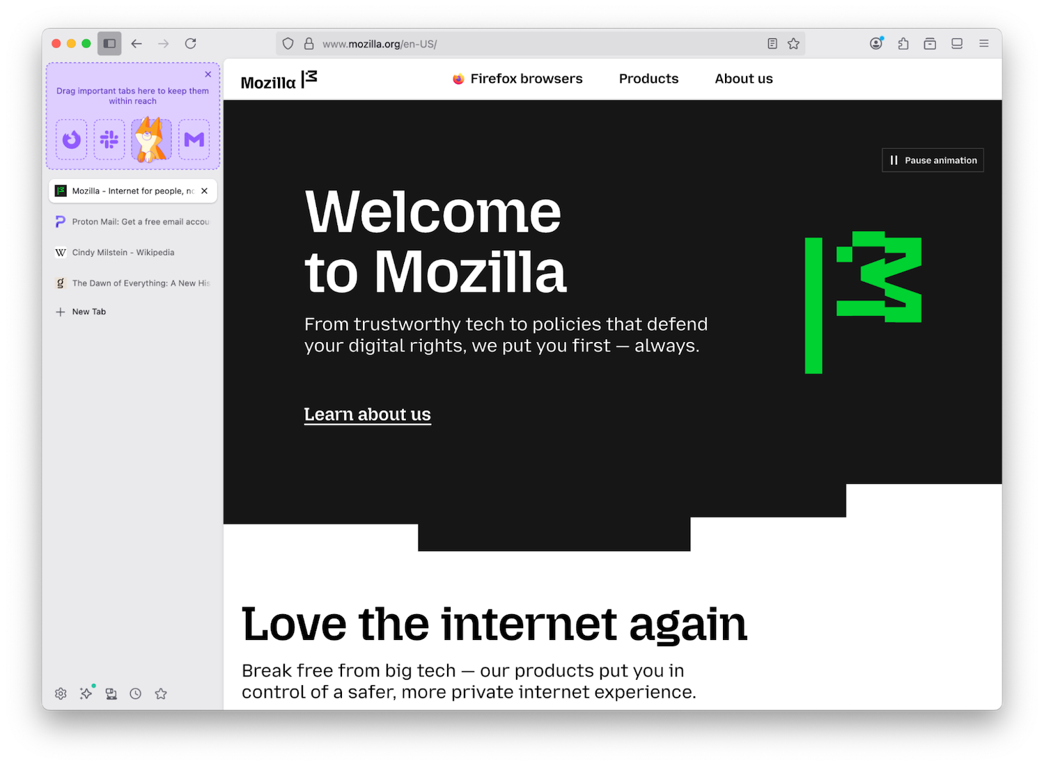 螢幕截圖：顯示分頁釘選的拖曳區塊