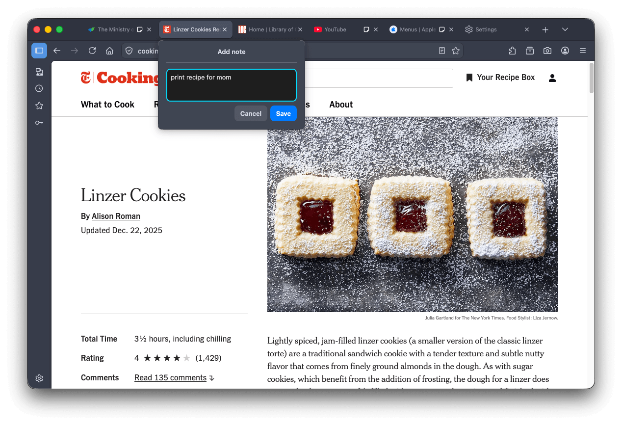 螢幕截圖：Firefox Labs 分頁筆記對話框