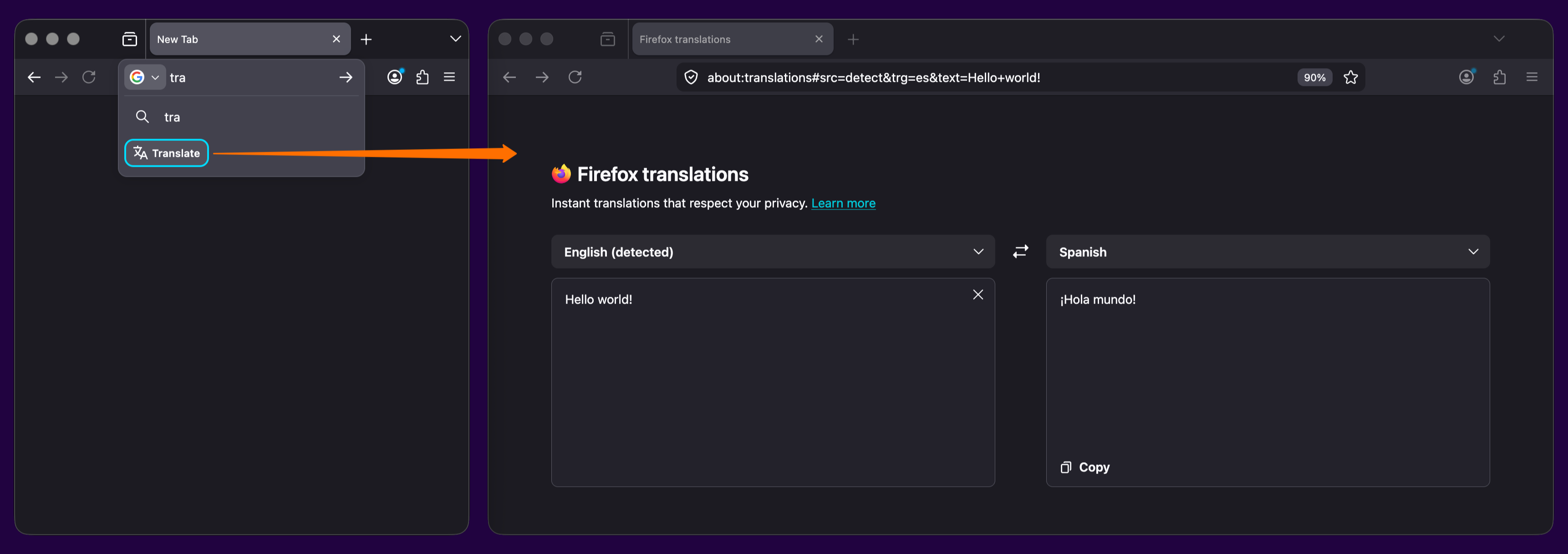 螢幕截圖：網址列顯示 translate 快速動作，並開啟 about:translations 翻譯頁面