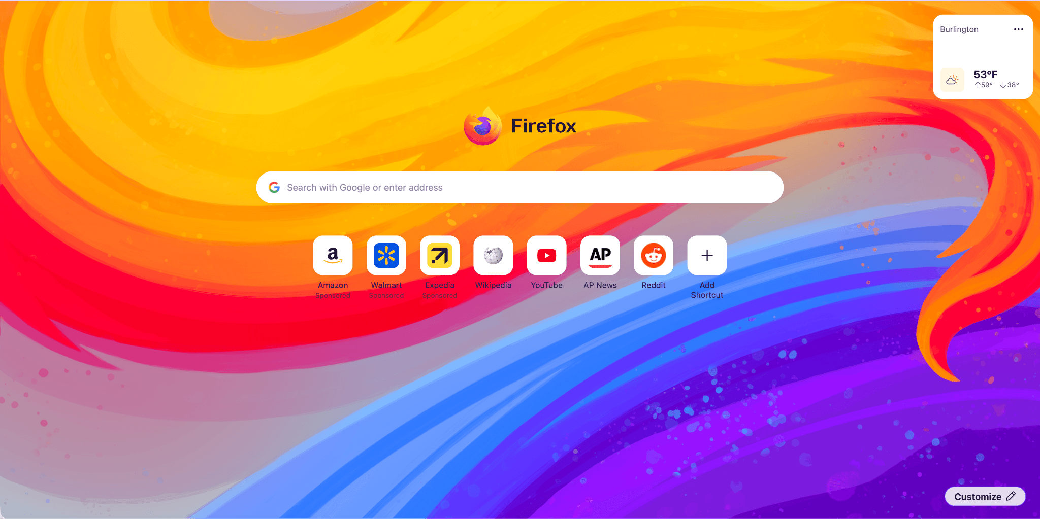 螢幕截圖：Firefox 151 新分頁頁面顯示新桌布