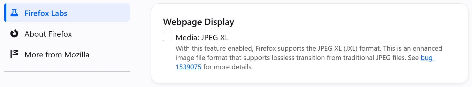 螢幕截圖：Firefox Labs 中啟用 JPEG XL 的選項