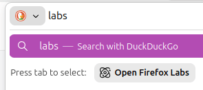 螢幕截圖：網址列開啟 Firefox Labs 的快速動作