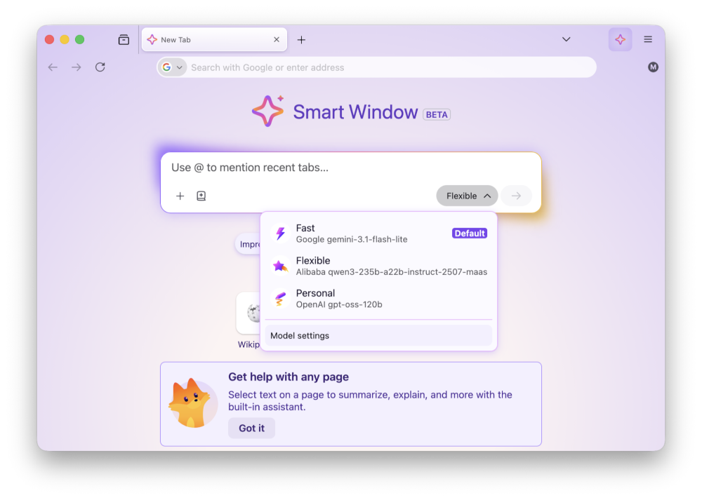 螢幕截圖：Firefox Smart Window 助手介面